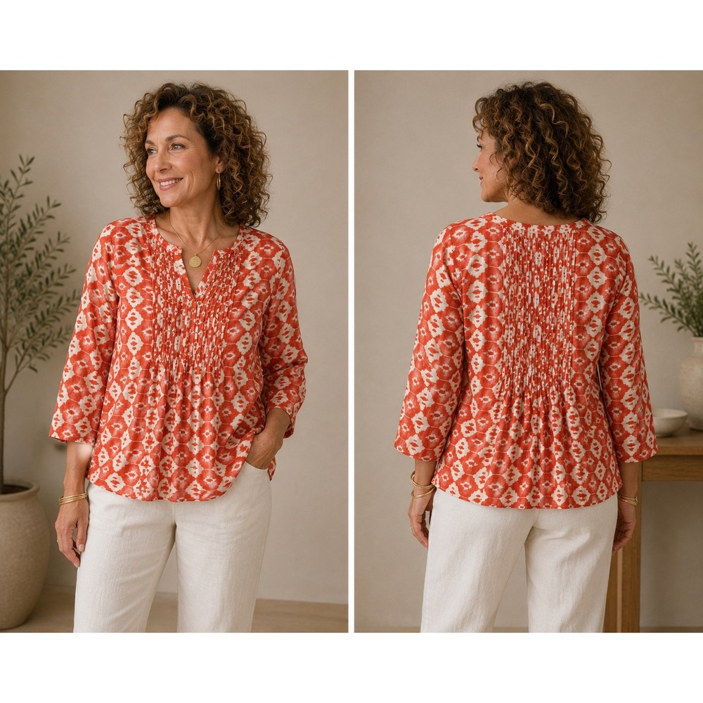 Vanessa Virginia Women Blouse Anthropologie Orange Ikat Pintuck Pleated Size 6